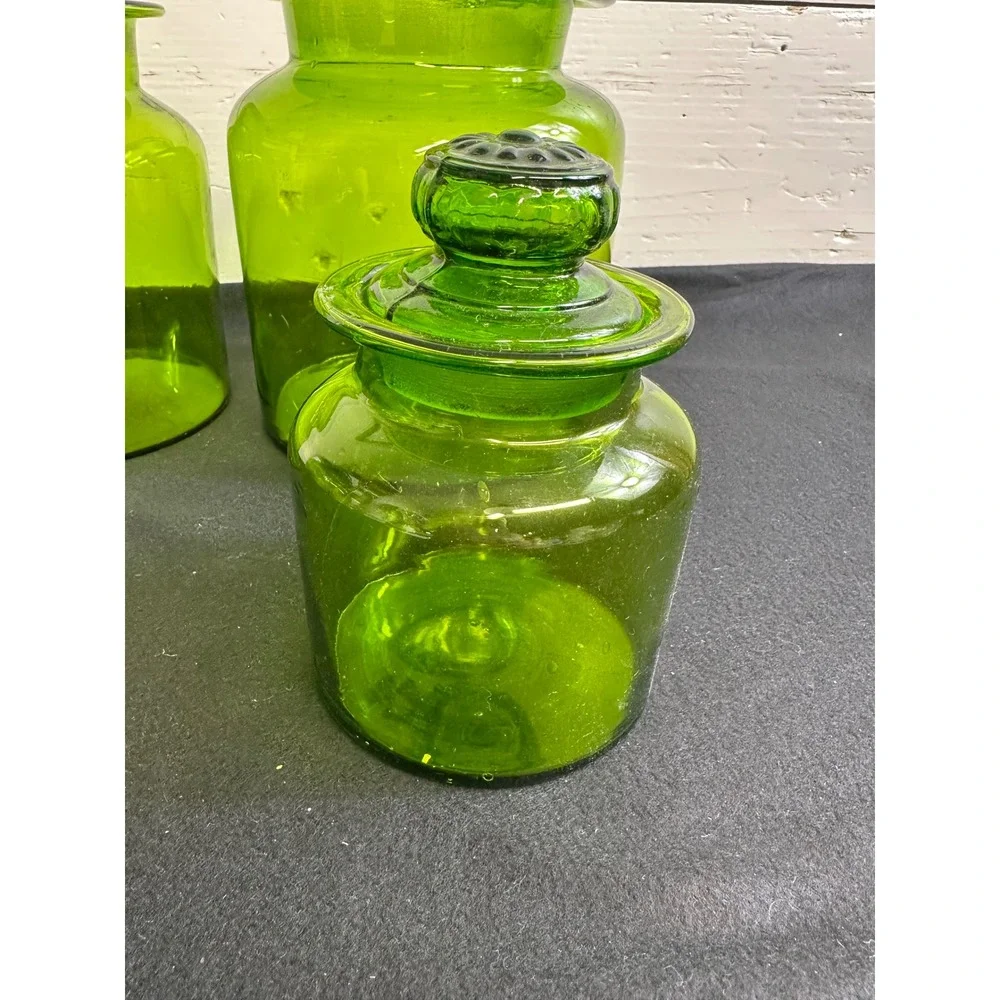 Vintage Green Glass Canister Set 4pc MCM Hand Blown Apothecary Jars